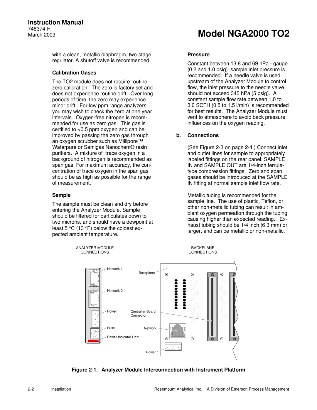 Emerson NGA2000 TO2 instruction manual Pressure, Calibration Gases, Connections 