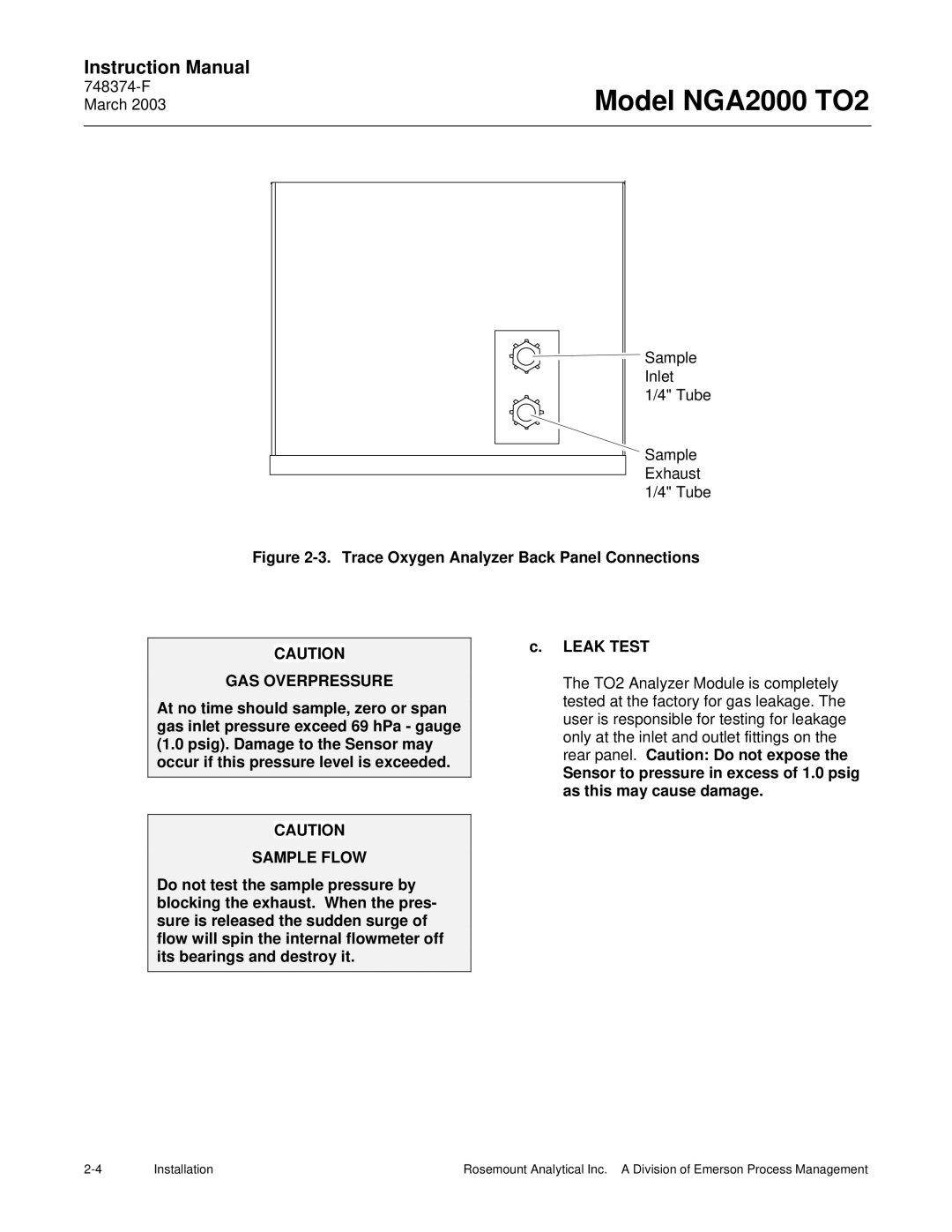 Emerson NGA2000 TO2 instruction manual GAS Overpressure, Sample Flow 