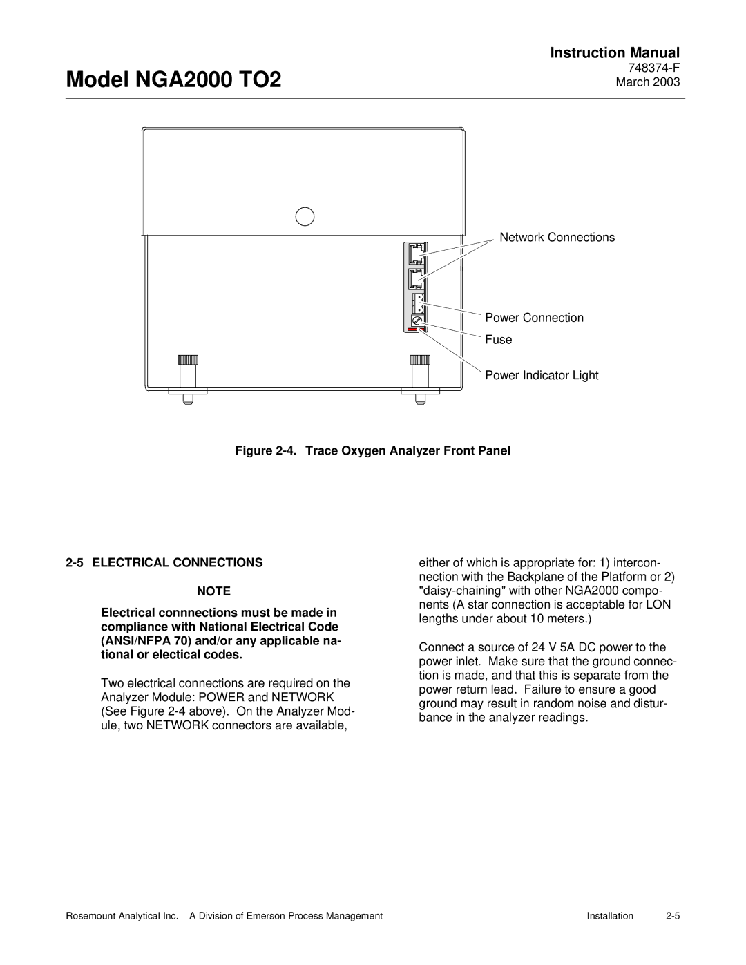 Emerson NGA2000 TO2 instruction manual Trace Oxygen Analyzer Front Panel, Electrical Connections 