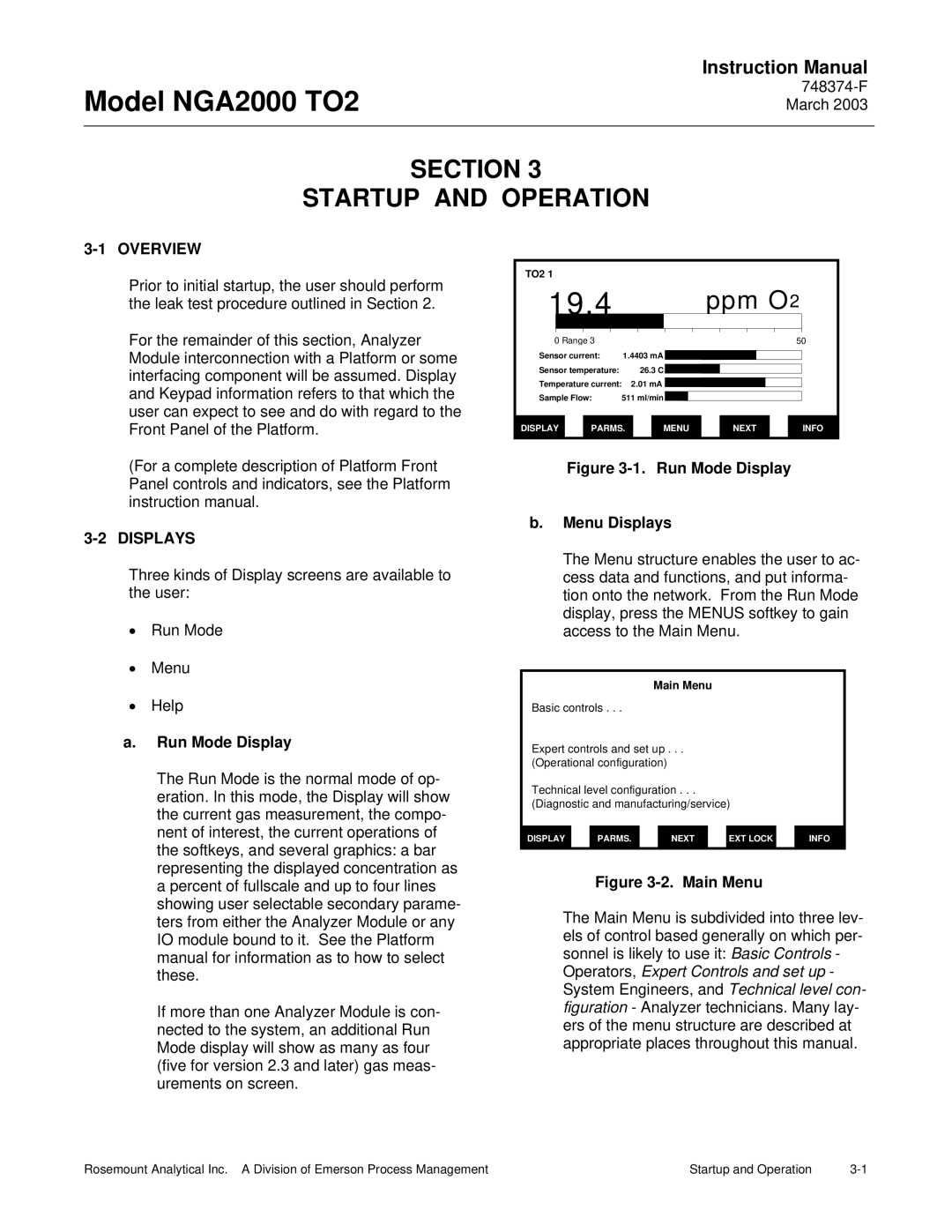 Emerson NGA2000 TO2 instruction manual Section Startup and Operation, Displays, Run Mode Display 