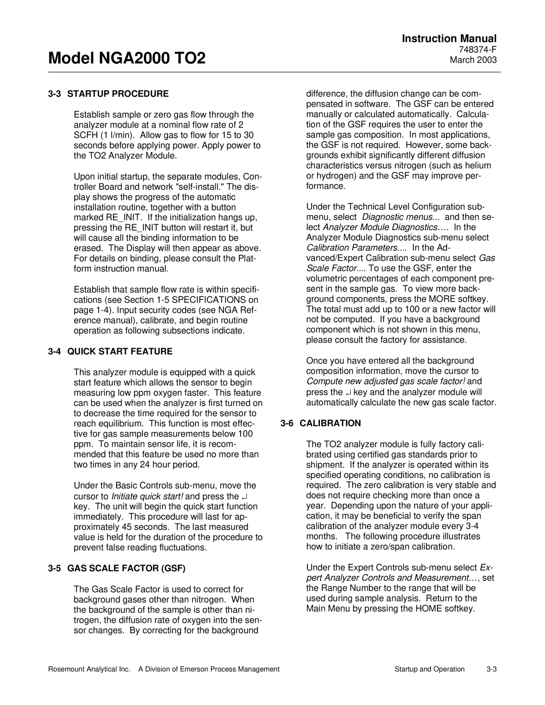 Emerson NGA2000 TO2 instruction manual Startup Procedure, Quick Start Feature, GAS Scale Factor GSF, Calibration 