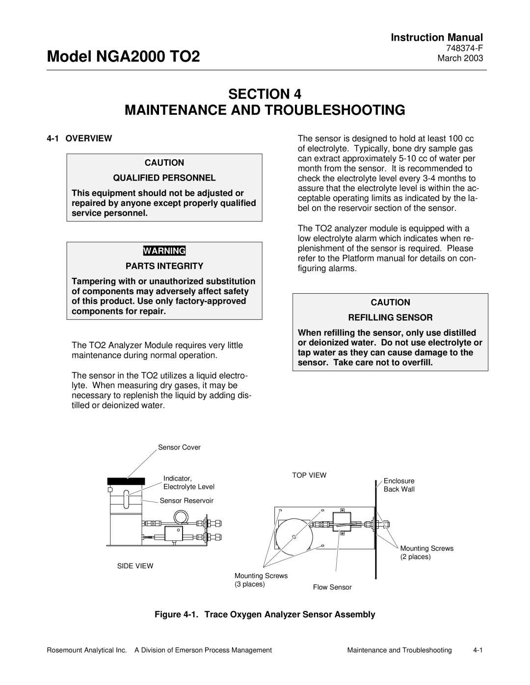 Emerson NGA2000 TO2 Section Maintenance and Troubleshooting, Overview Qualified Personnel, Refilling Sensor 