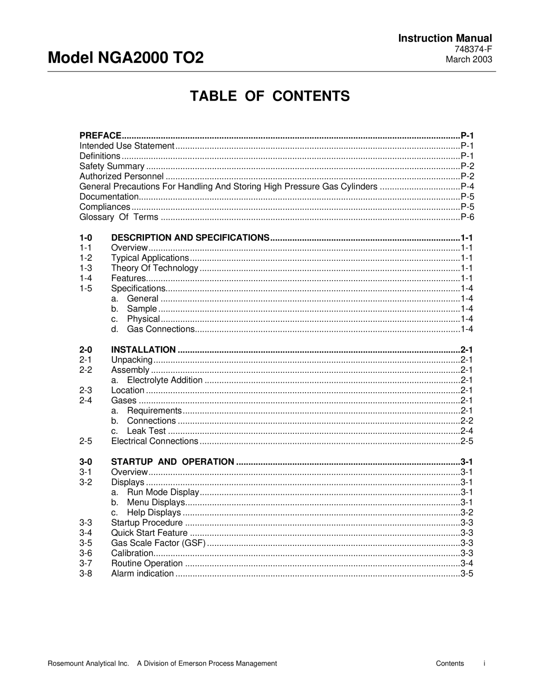 Emerson instruction manual Model NGA2000 TO2, Table of Contents 