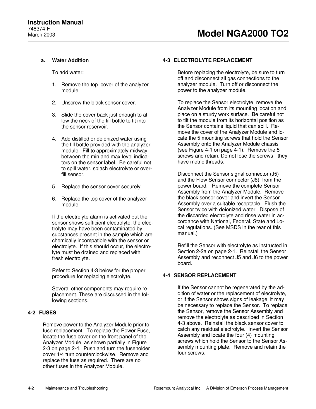 Emerson NGA2000 TO2 instruction manual Water Addition To add water, Fuses, Electrolyte Replacement, Sensor Replacement 