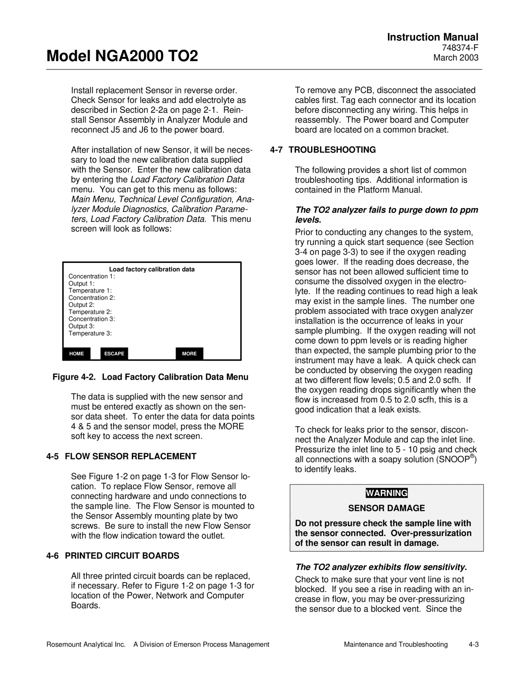 Emerson NGA2000 TO2 instruction manual Flow Sensor Replacement, Printed Circuit Boards, Troubleshooting, Sensor Damage 