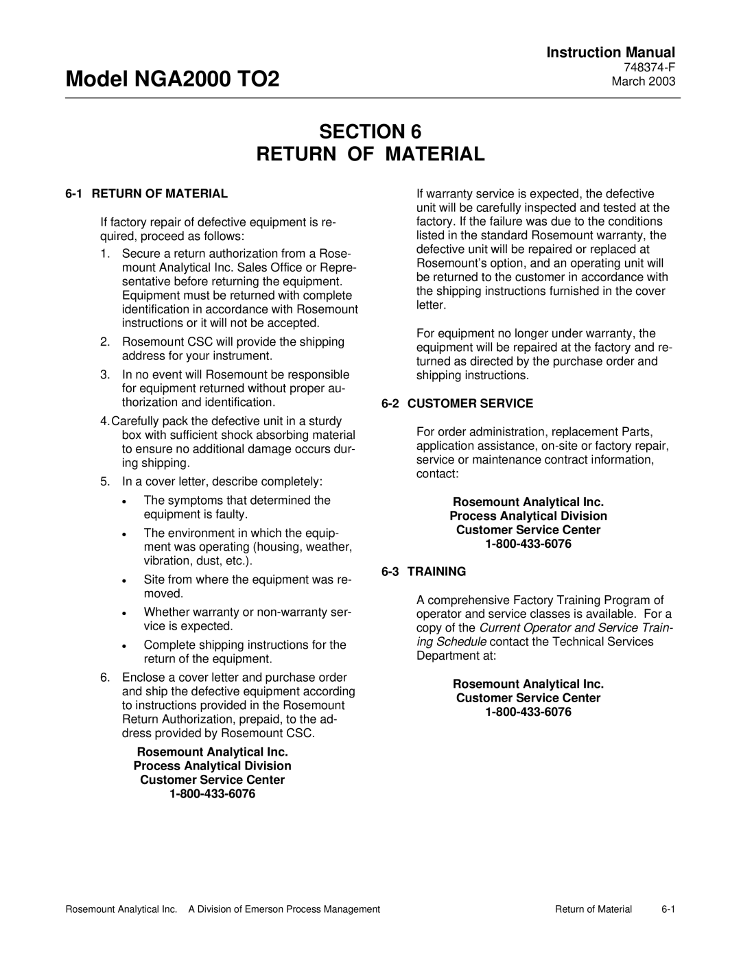 Emerson NGA2000 TO2 instruction manual Section Return of Material, Customer Service, Training 