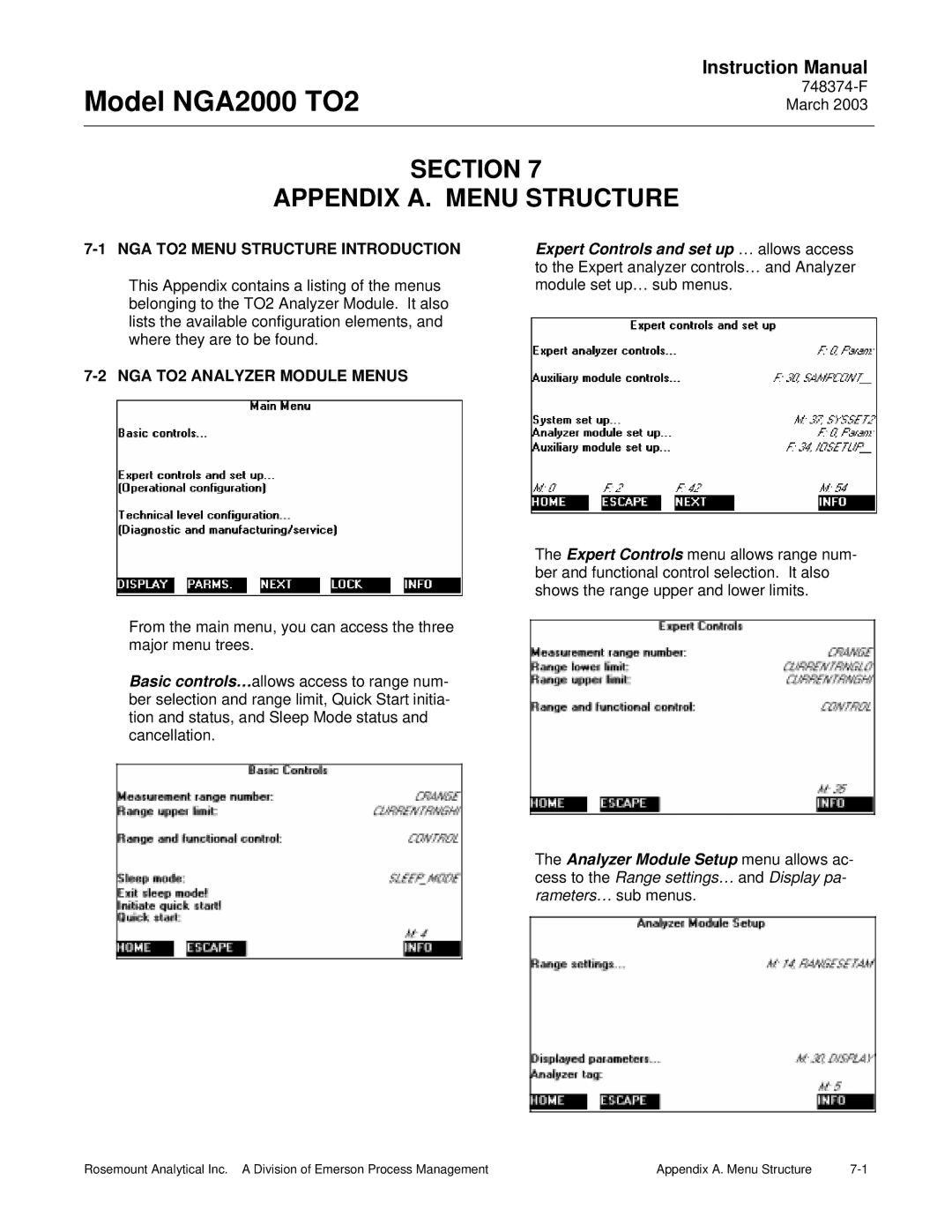 Emerson NGA2000 TO2 Section Appendix A. Menu Structure, NGA TO2 Menu Structure Introduction, NGA TO2 Analyzer Module Menus 