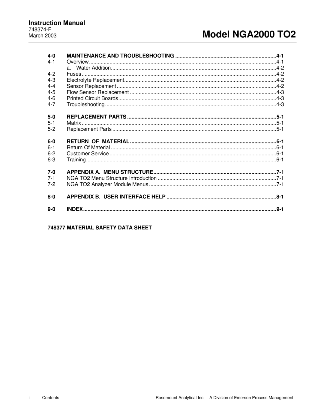 Emerson NGA2000 TO2 instruction manual Material Safety Data Sheet, Maintenance and Troubleshooting 