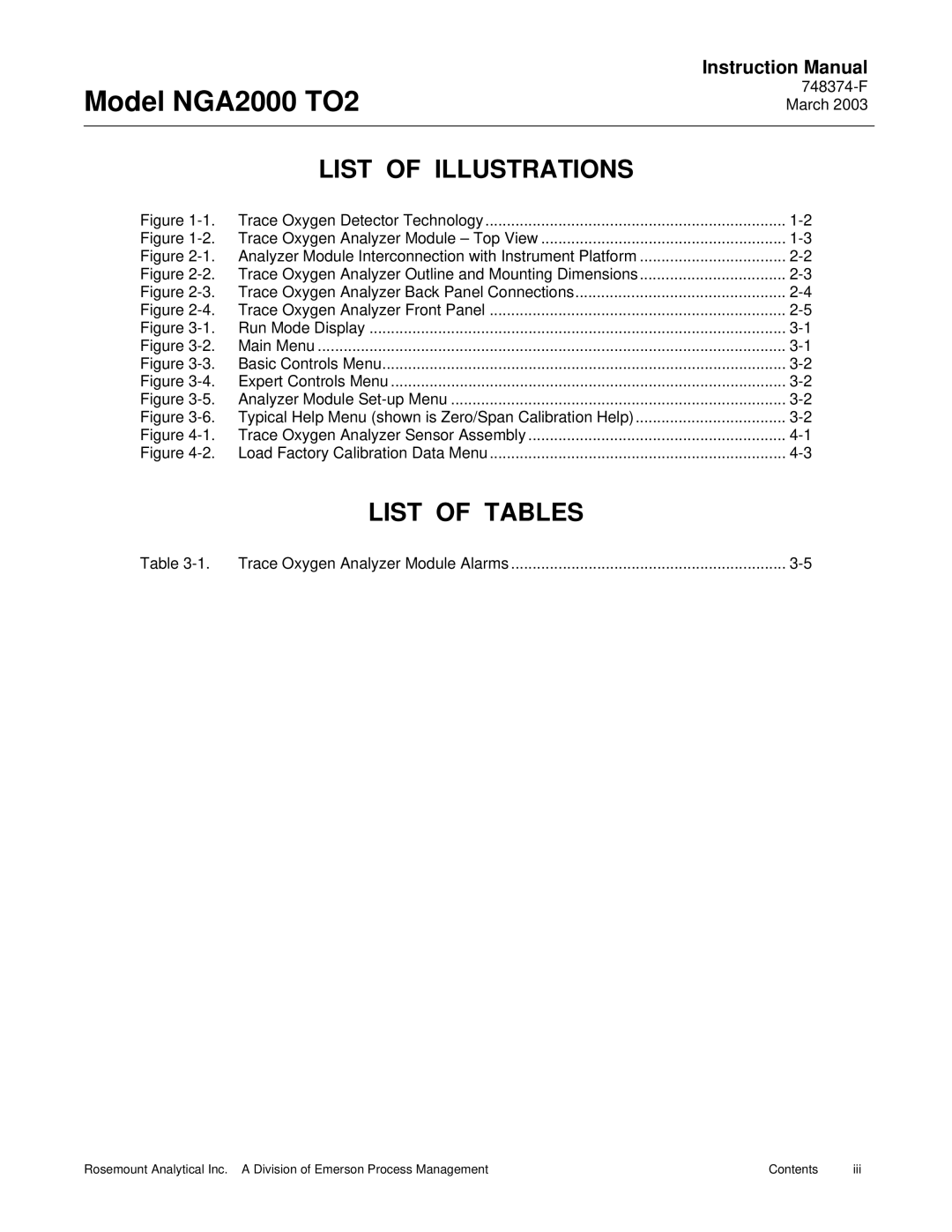 Emerson NGA2000 TO2 instruction manual List of Illustrations, List of Tables 