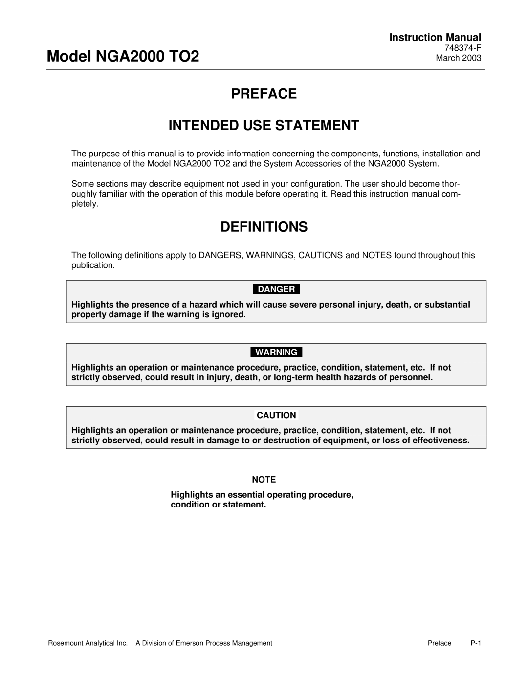 Emerson NGA2000 TO2 instruction manual Preface Intended USE Statement, Definitions 