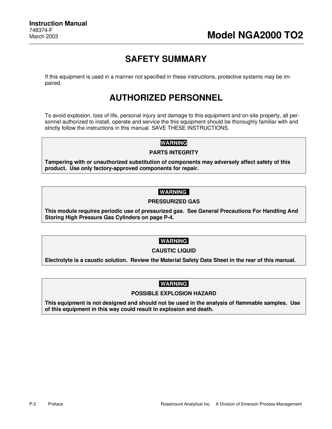 Emerson NGA2000 TO2 instruction manual Safety Summary, Authorized Personnel 