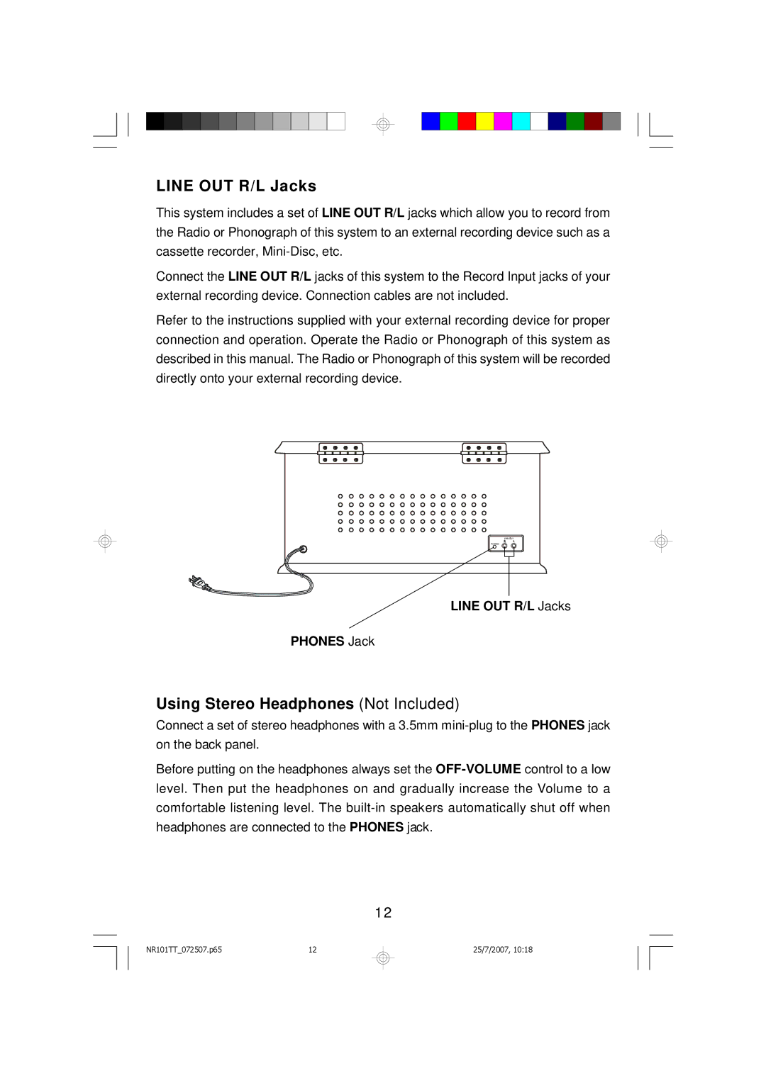 Emerson NR101TT owner manual Line OUT R/L Jacks, Using Stereo Headphones Not Included 
