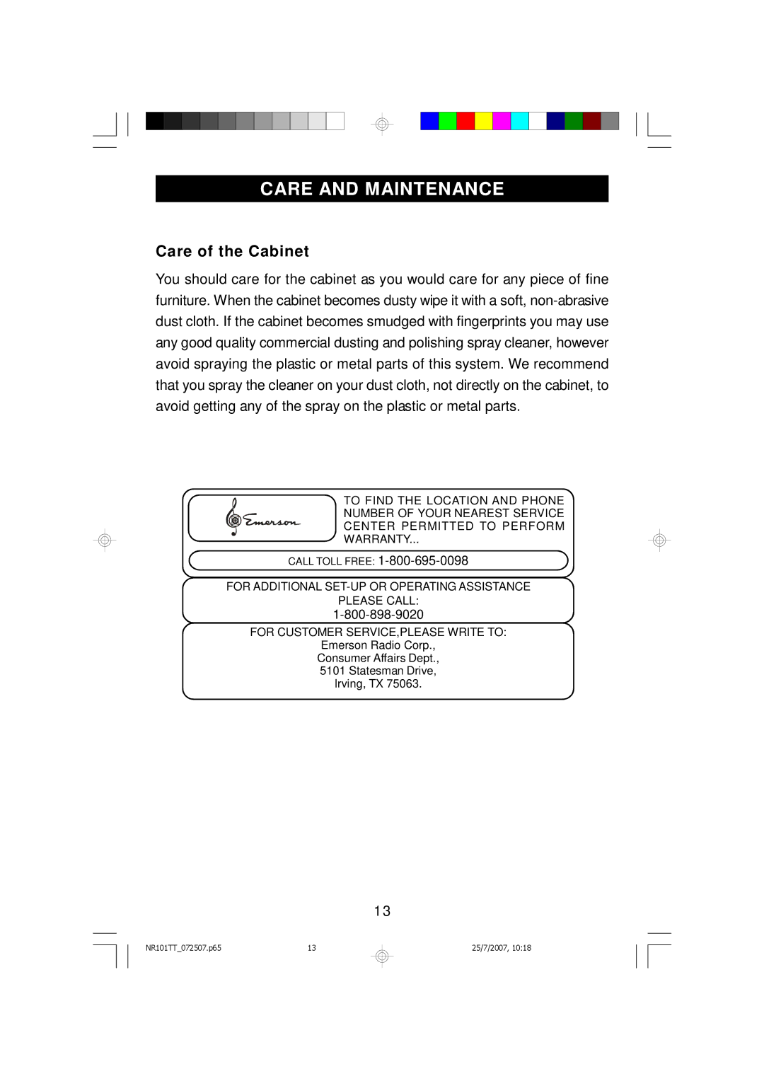 Emerson NR101TT owner manual Care and Maintenance, Care of the Cabinet 