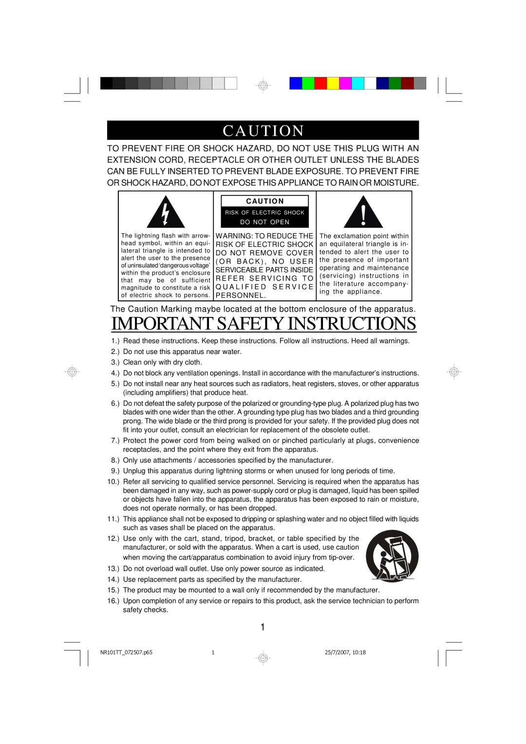 Emerson NR101TT owner manual Important Safety Instructions 