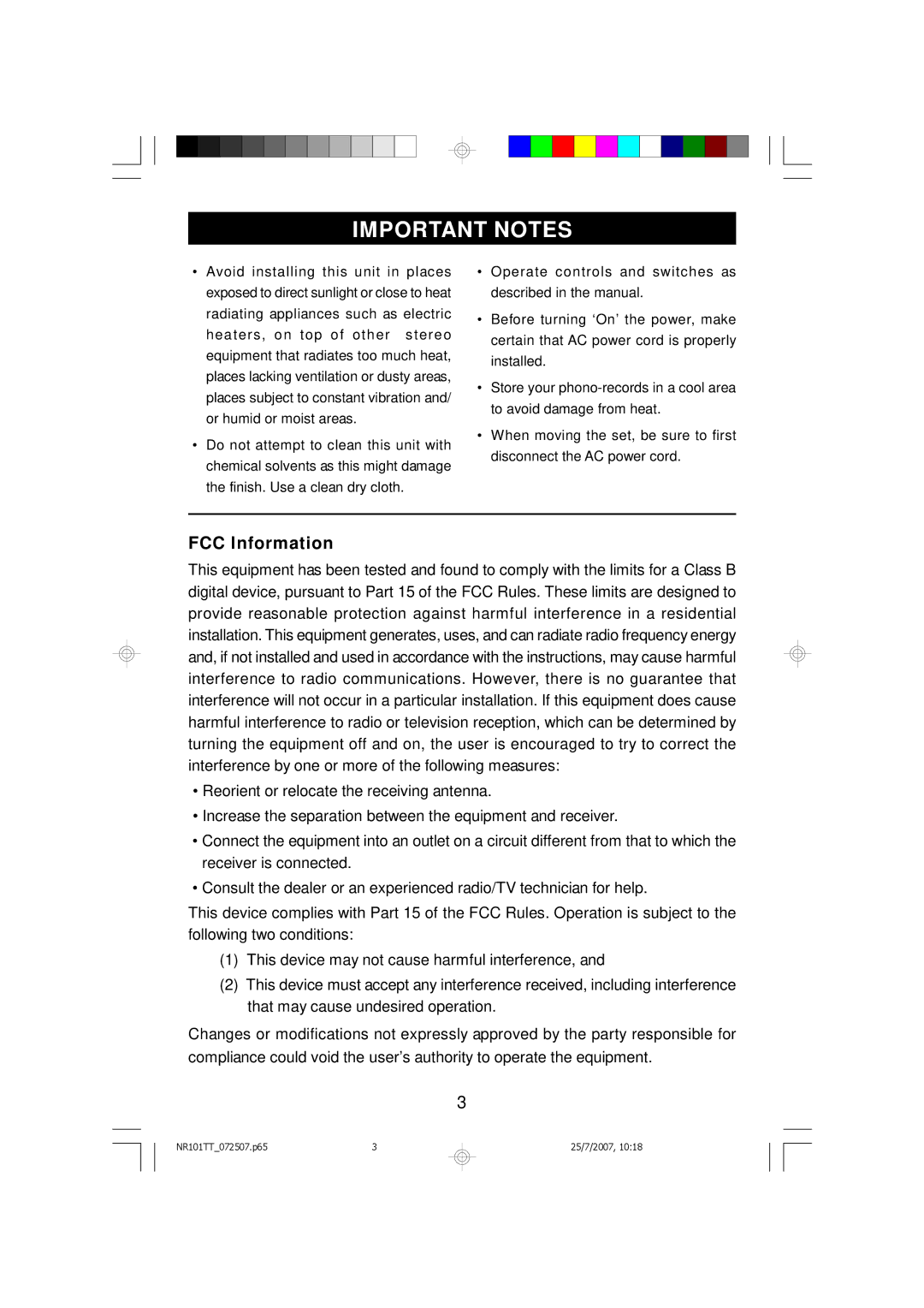 Emerson NR101TT owner manual Important Notes, FCC Information 