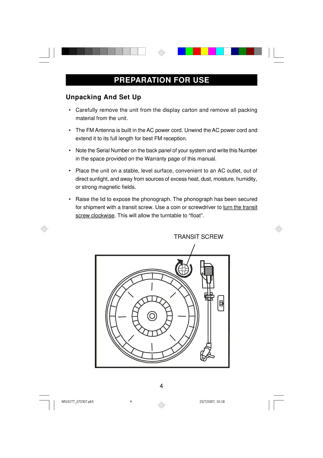 Emerson NR101TT owner manual Preparation for USE, Unpacking And Set Up 