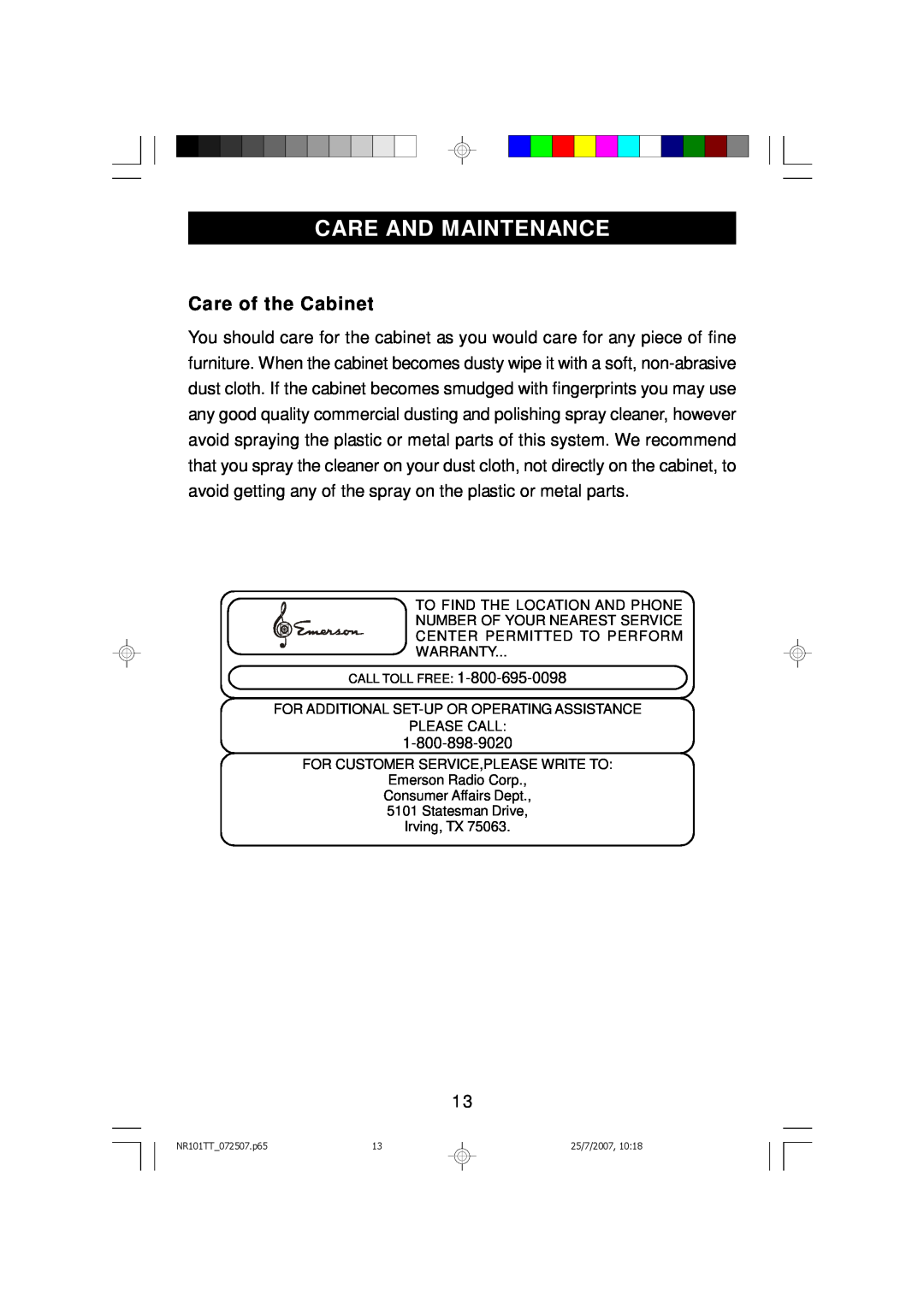 Emerson NR101TT owner manual Care And Maintenance, Care of the Cabinet 