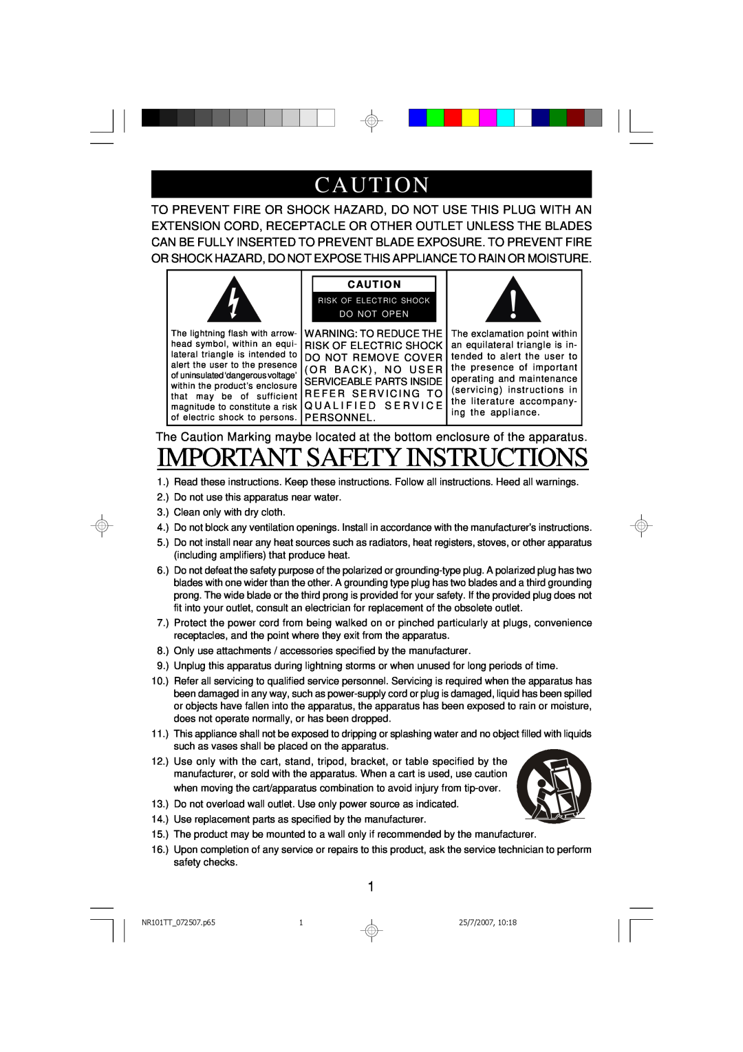 Emerson NR101TT owner manual Important Safety Instructions, Caut I On, Caut I O N 