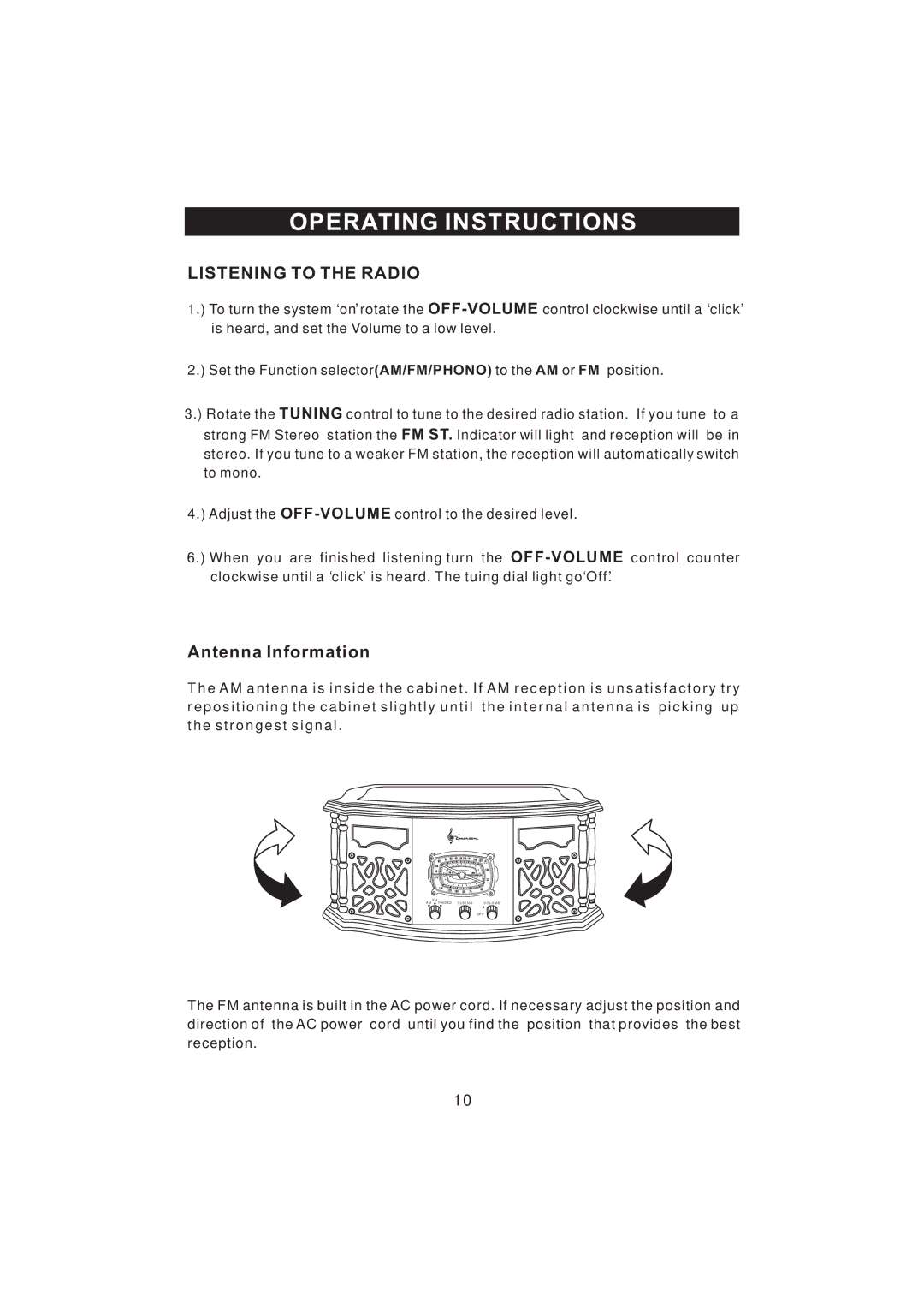 Emerson NR101TTC owner manual Operating Instructions, Listening to the Radio, Antenna Information 