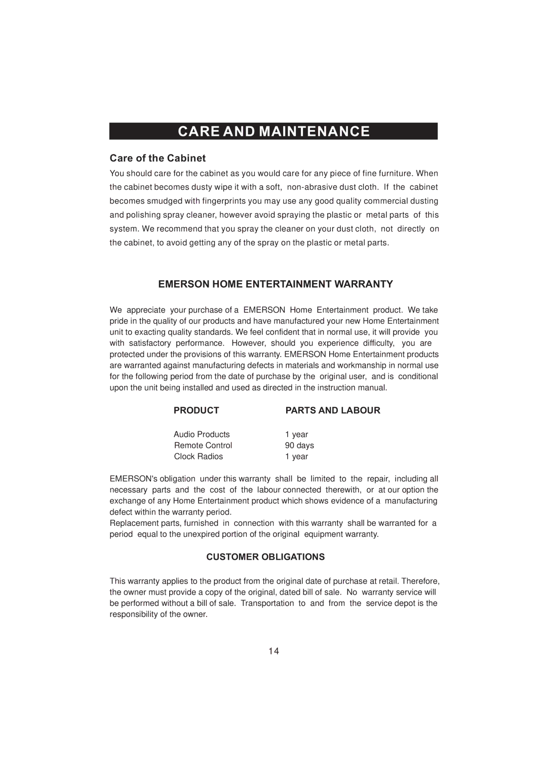 Emerson NR101TTC owner manual Care and Maintenance, Care of the Cabinet, Emerson Home Entertainment Warranty 