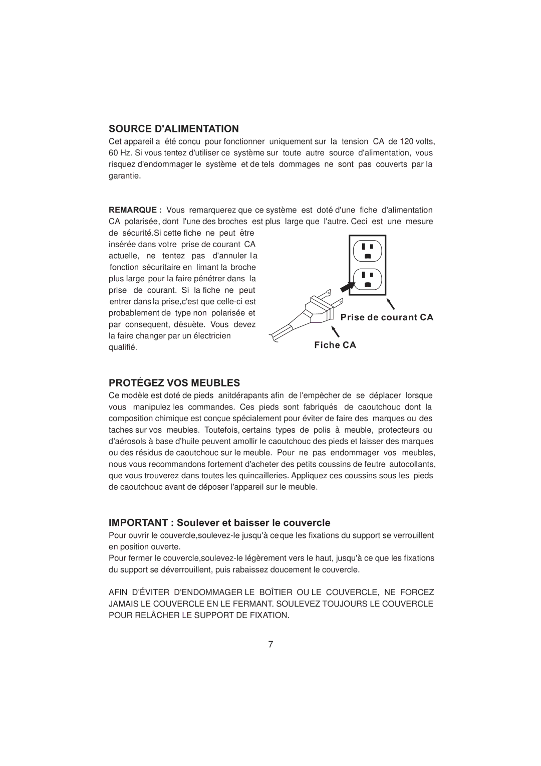 Emerson NR101TTC owner manual Source Dalimentation, Protegez VOS Meubles, Important Soulever et baisser le couvercle 