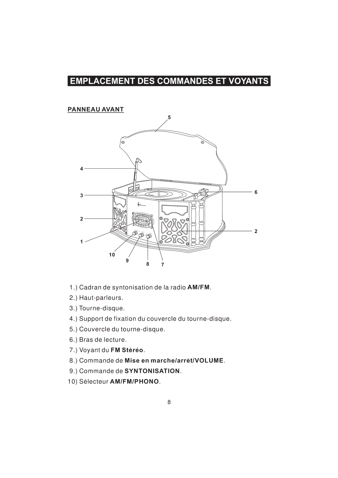 Emerson NR101TTC owner manual Emplacement DES Commandes ET Voyants, Panneau Avant, Commande de Mise en marche/arret/VOLUME 