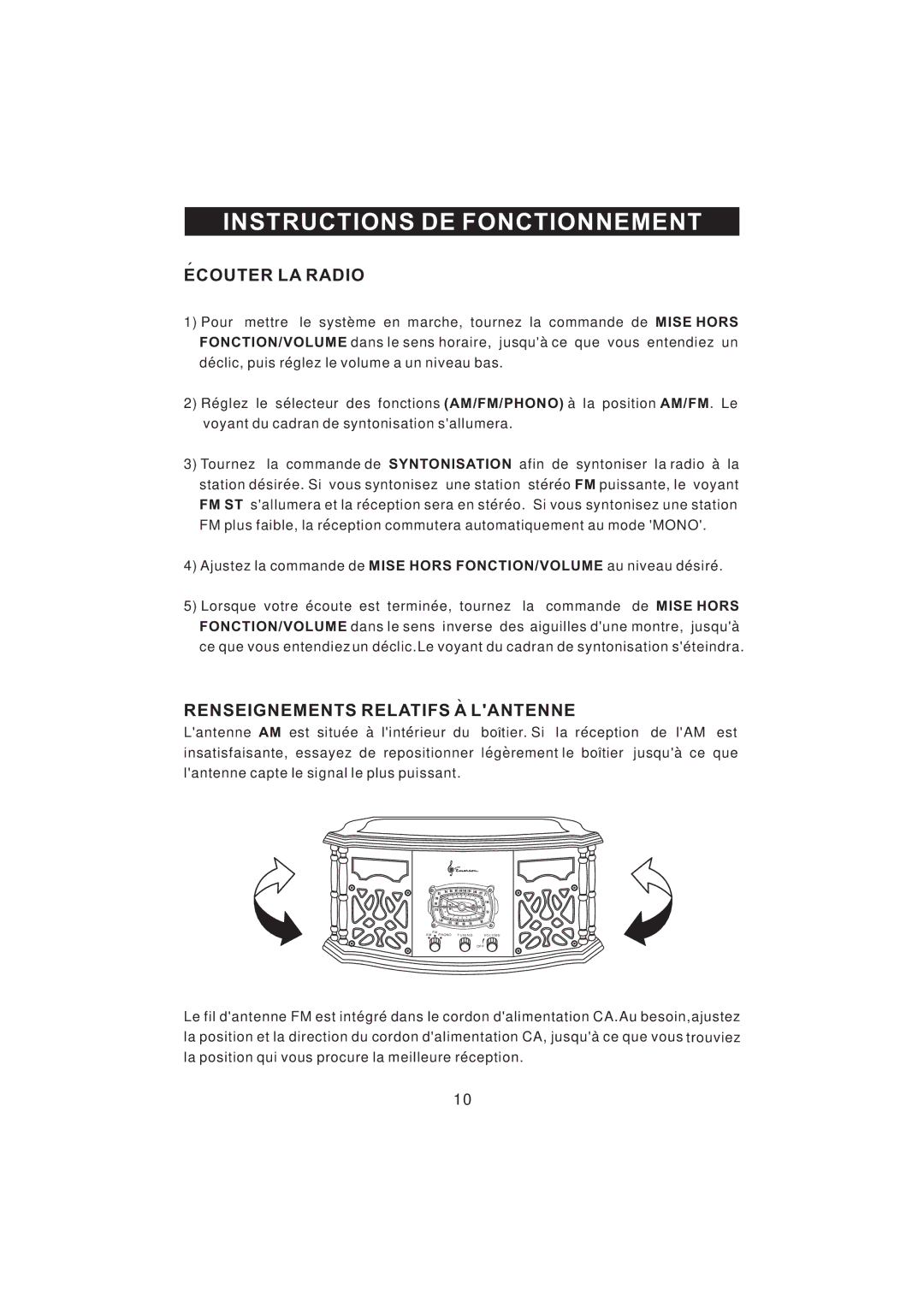 Emerson NR101TTC owner manual Instructions DE Fonctionnement, Ecouter LA Radio, Renseignements Relatifs a Lantenne 