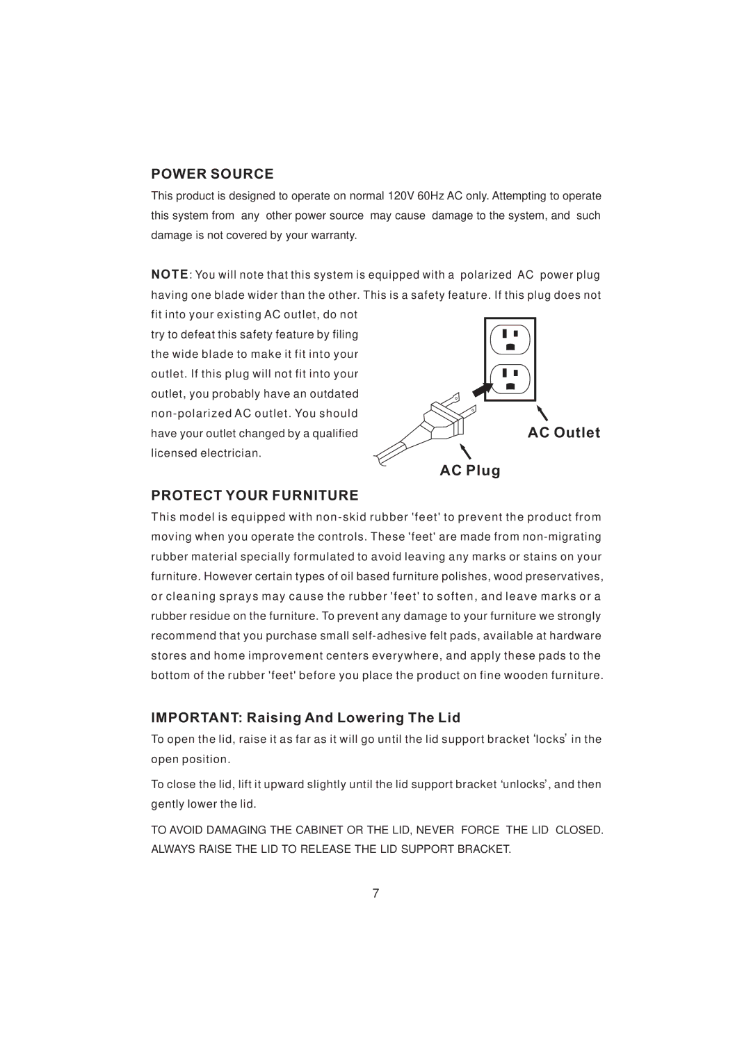 Emerson NR101TTC owner manual Power Source, AC Plug, Protect Your Furniture, Important Raising And Lowering The Lid 