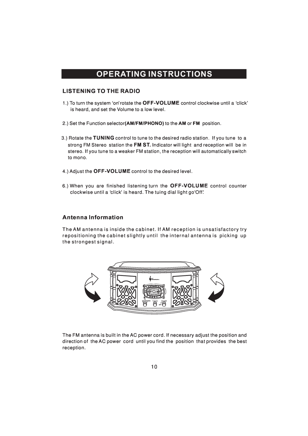 Emerson NR101TTC owner manual Operating Instructions, Listening To The Radio, Antenna Information 