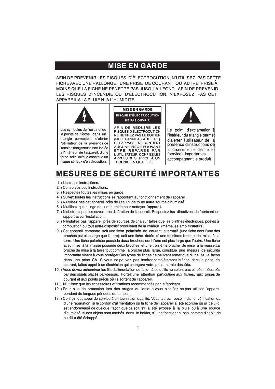 Emerson NR101TTC owner manual Mise En Garde, Mesures De Securite Importantes 