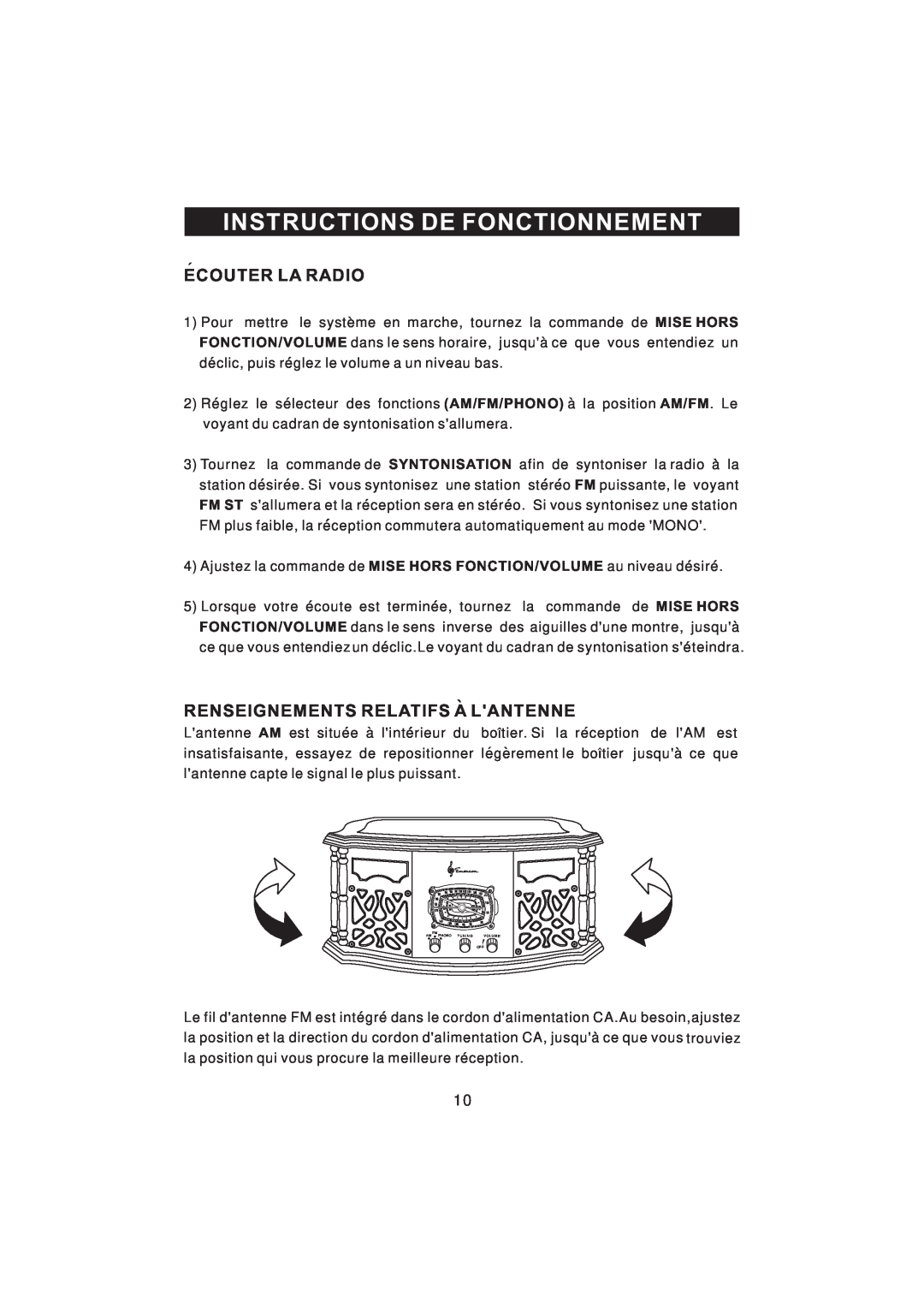 Emerson NR101TTC owner manual Instructions De Fonctionnement, Ecouter La Radio, Renseignements Relatifs A Lantenne 
