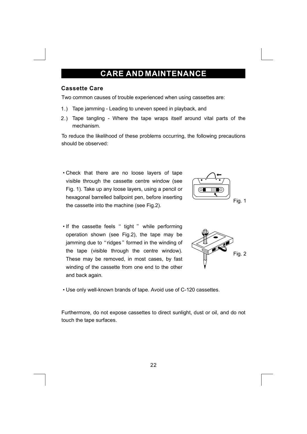 Emerson NR290TTC owner manual Care and Maintenance, Cassette Care 