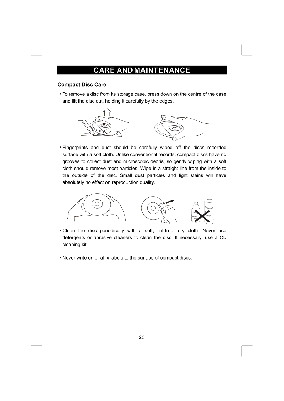 Emerson NR290TTC owner manual Compact Disc Care 