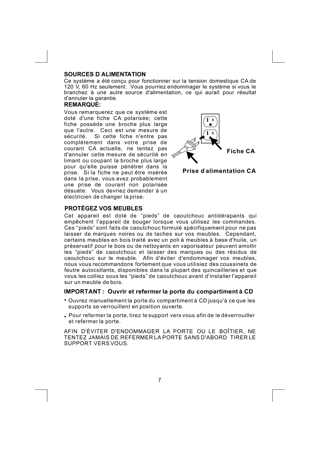 Emerson NR290TTC owner manual Sources D Alimentation, Remarque, Fiche CA Prise d alimentation CA, Protegez VOS Meubles 