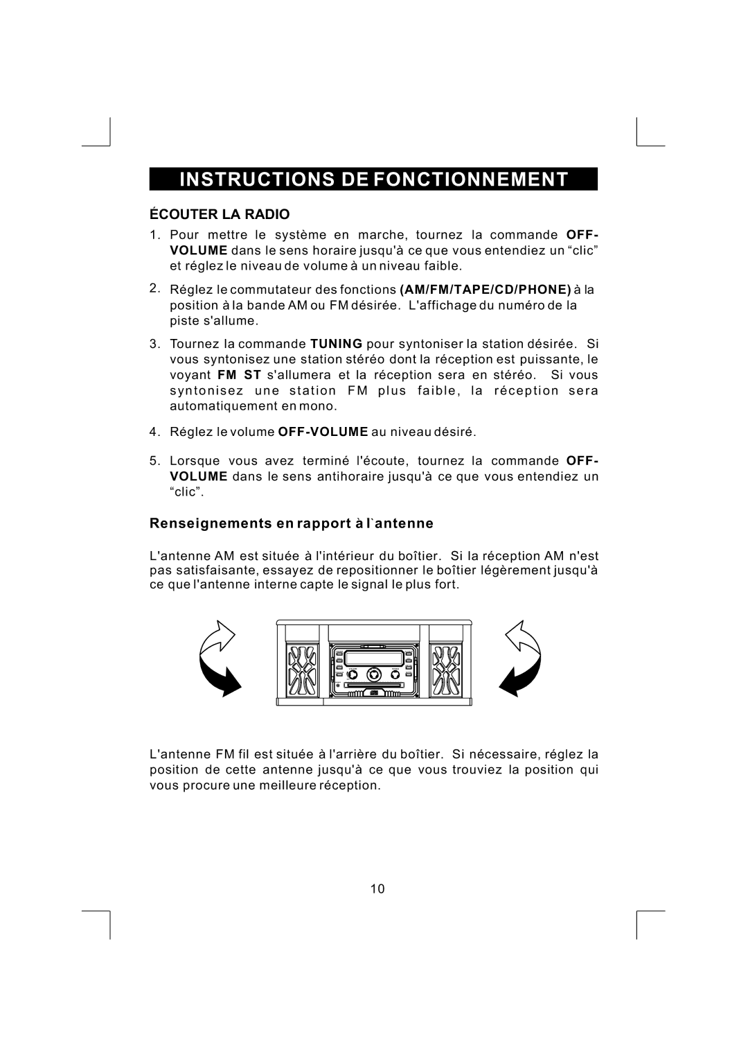 Emerson NR290TTC owner manual Instructions DE Fonctionnement, Ecouter LA Radio, Renseignements en rapport a l antenne 