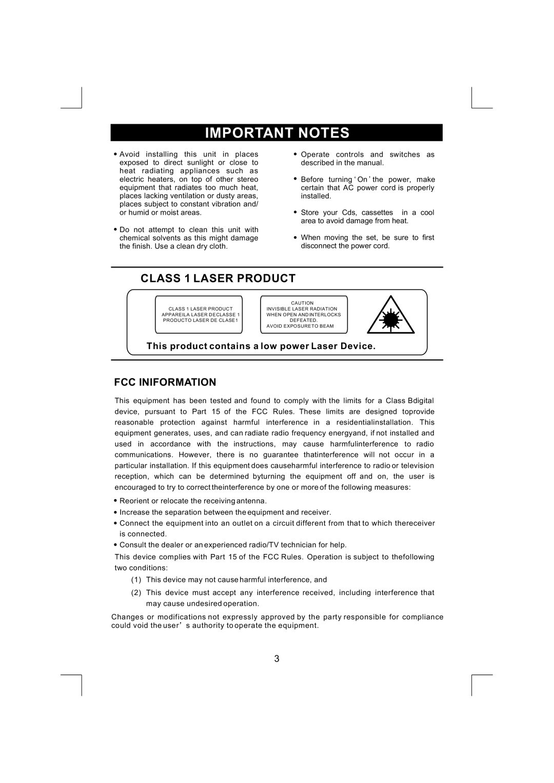 Emerson NR290TTC owner manual Important Notes, FCC Iniformation 