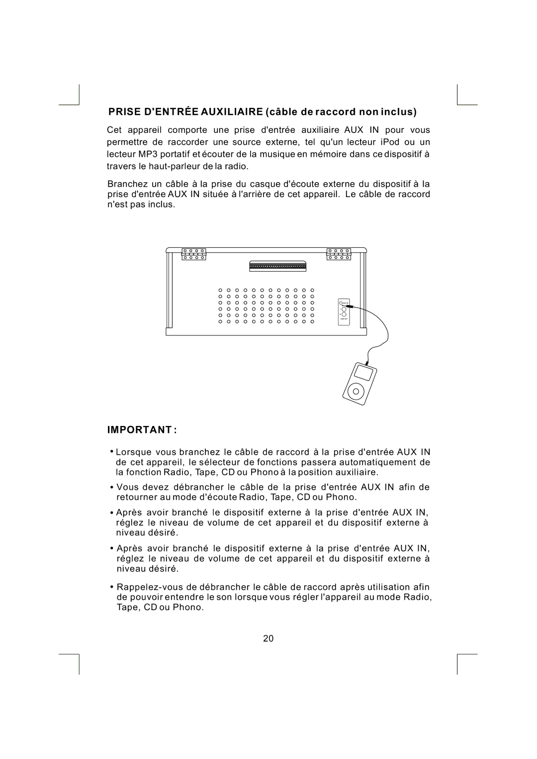 Emerson NR290TTC owner manual Prise Dentrée Auxiliaire câble de raccord non inclus 