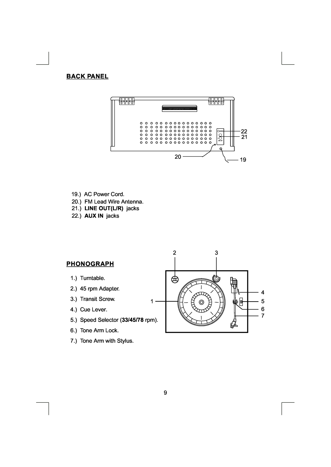 Emerson NR290TTC owner manual Back Panel, Phonograph, LINE OUTL/R jacks 