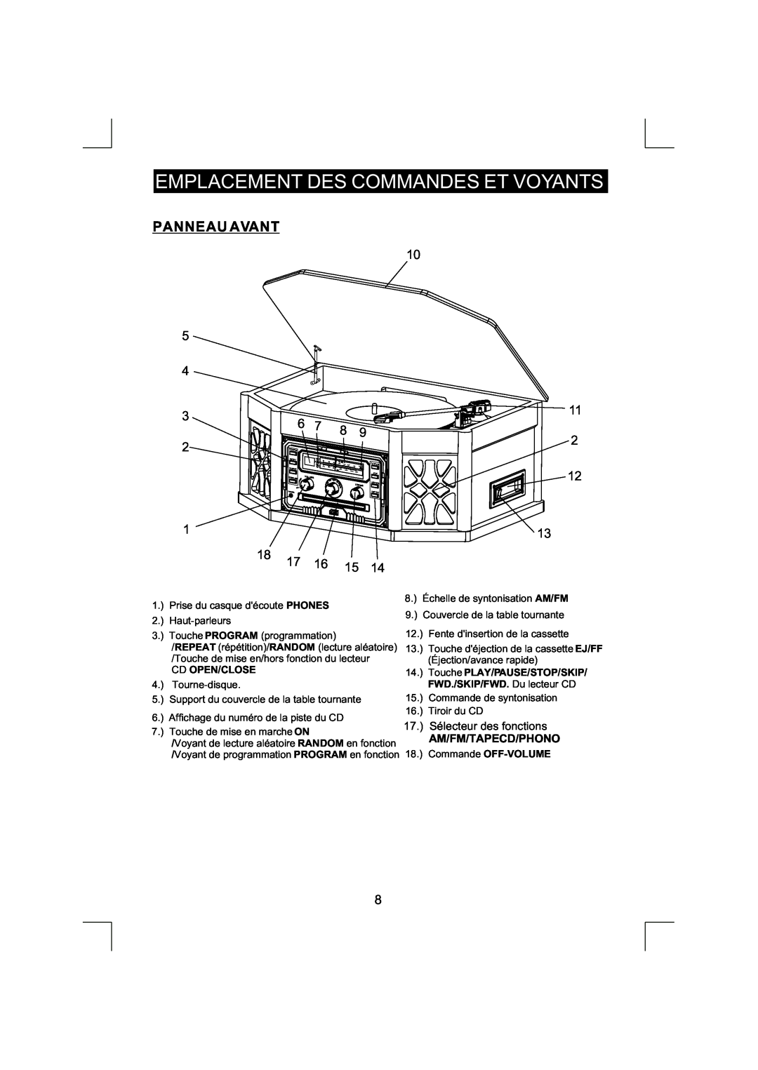Emerson NR290TTC owner manual Panneau Avant, Emplacement Des Commandes Et Voyants, Am/Fm/Tapecd/Phono, Cd Open/Close 