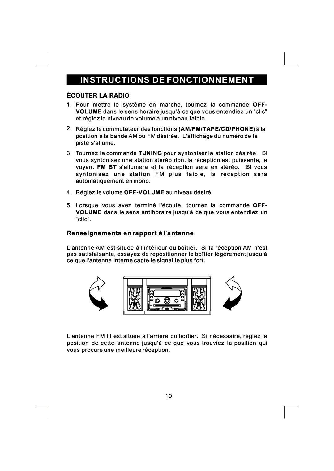 Emerson NR290TTC owner manual Instructions De Fonctionnement, Ecouter La Radio, Renseignements en rapport a l antenne 