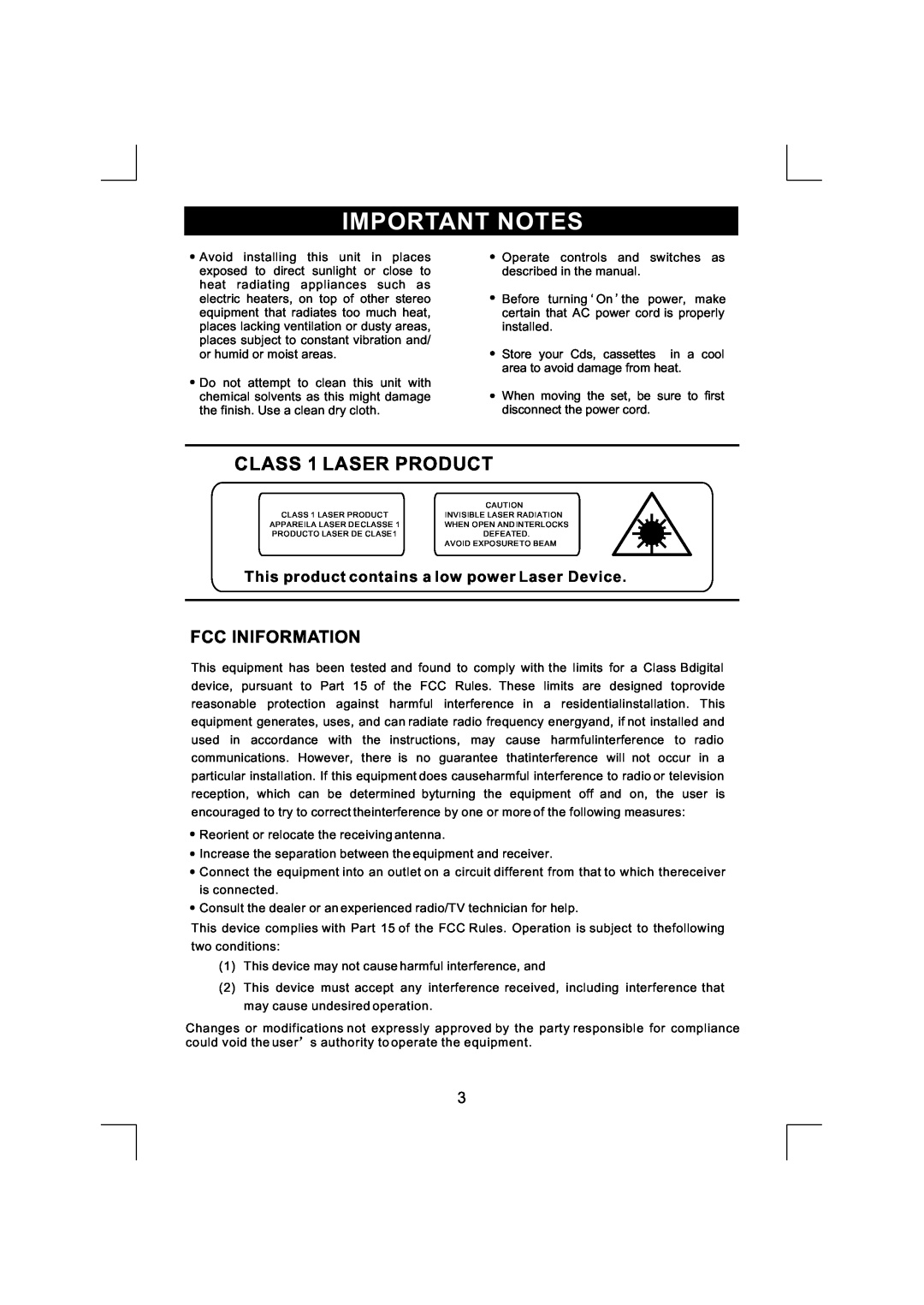 Emerson NR290TTC Important Notes, CLASS 1 LASER PRODUCT, Fcc Iniformation, This product contains a low power Laser Device 