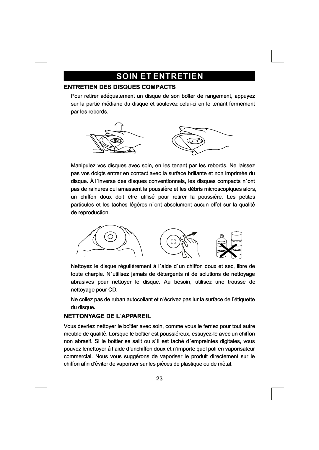 Emerson NR290TTC owner manual Entretien Des Disques Compacts, Nettonyage De L Appareil, Soin Et Entretien 