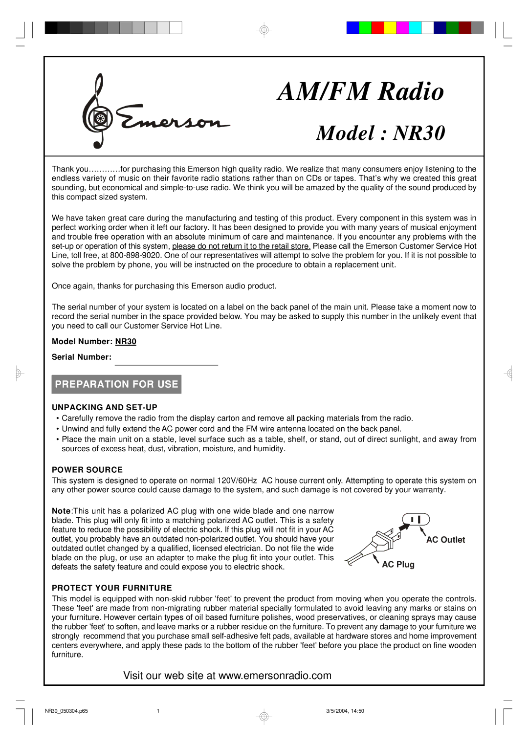 Emerson NR30 warranty Preparation for USE, Unpacking and SET-UP, Power Source, Protect Your Furniture 