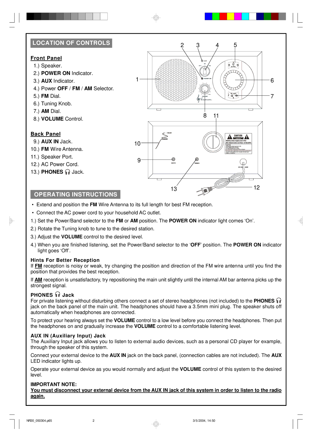 Emerson NR30 warranty Location of Controls, Operating Instructions, Important Note 