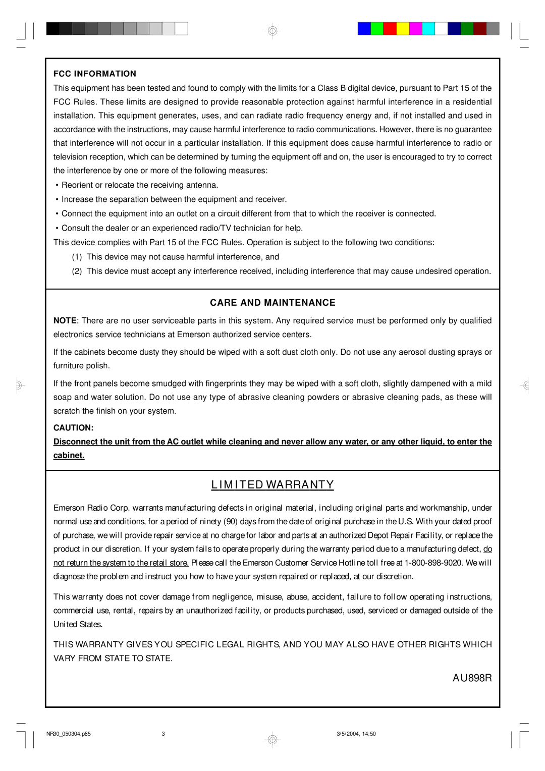 Emerson NR30 warranty Care and Maintenance, FCC Information 