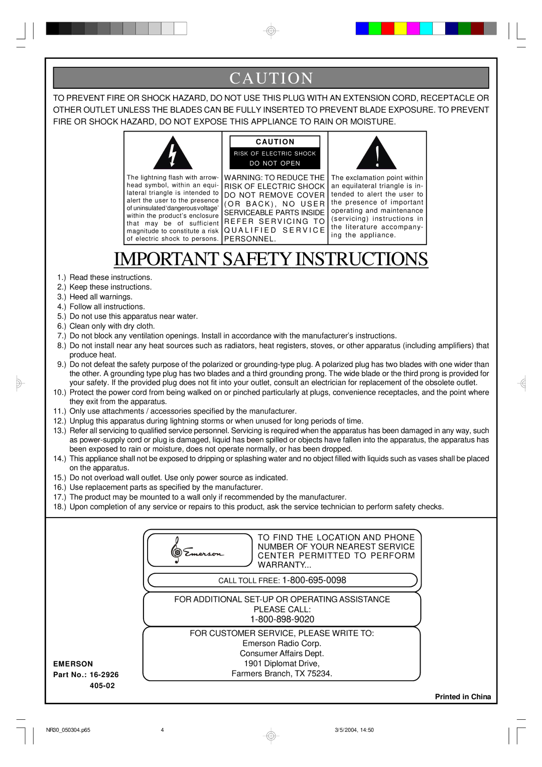 Emerson NR30 warranty Important Safety Instructions 