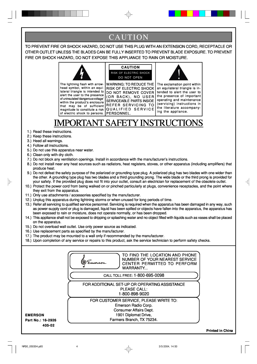 Emerson NR30 warranty Important Safety Instructions, Caut I On, Caut I O N, Emerson, 405-02 