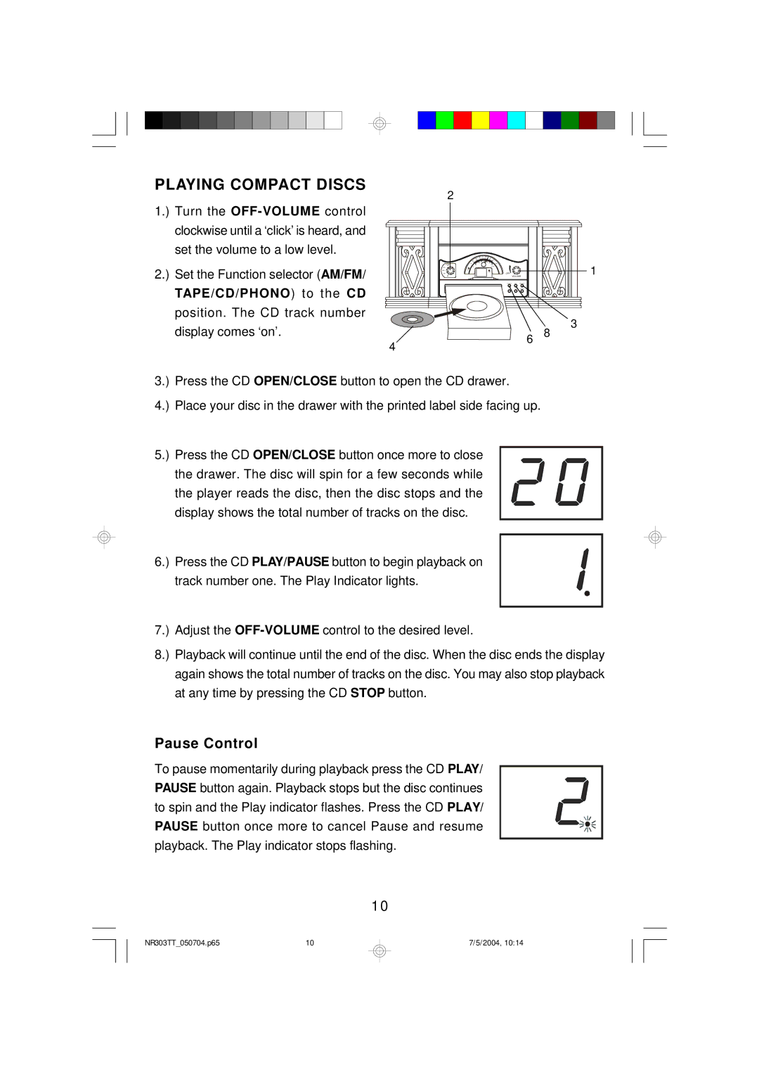 Emerson NR303TT owner manual Playing Compact Discs, Pause Control 