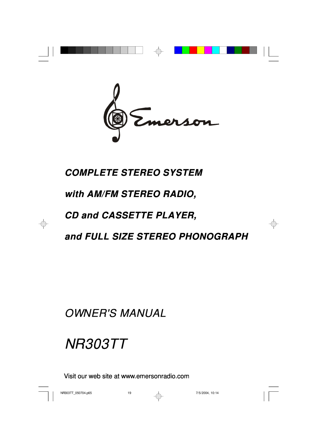 Emerson owner manual and FULL SIZE STEREO PHONOGRAPH, NR303TT 050704.p65, 7/5/2004 