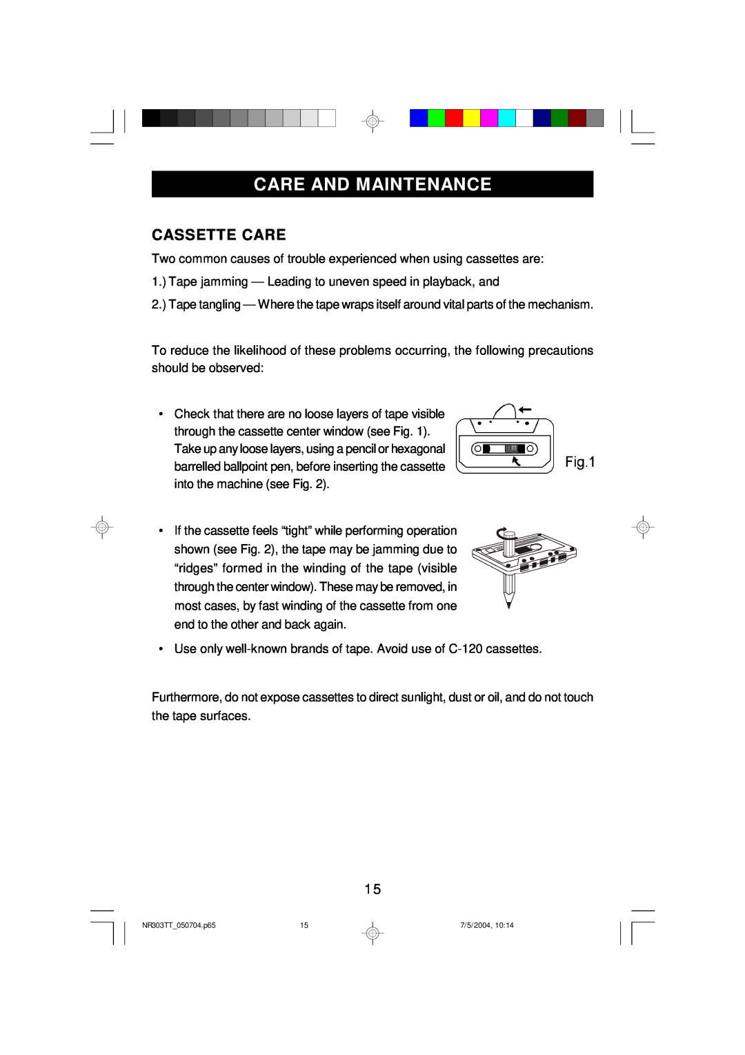 Emerson NR303TT owner manual Care And Maintenance, Cassette Care 